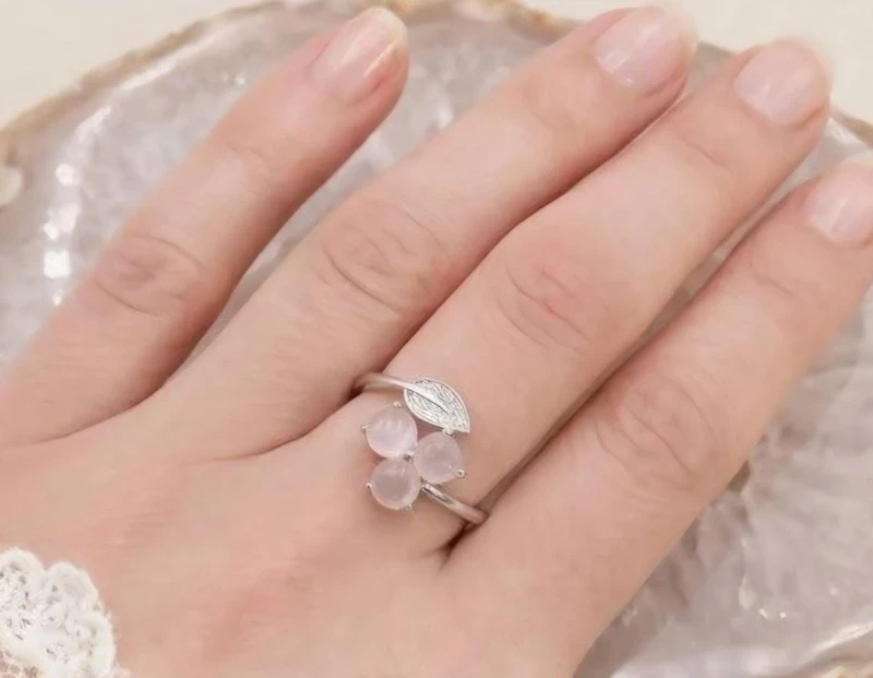 Bague argent rhodié véritable perles Quartz Rose et strass